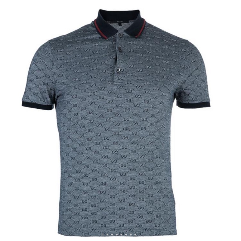 COPY - Gucci Men's Monogram GG Logo Stretch Cotton Polo Shirt Web Trim Collar